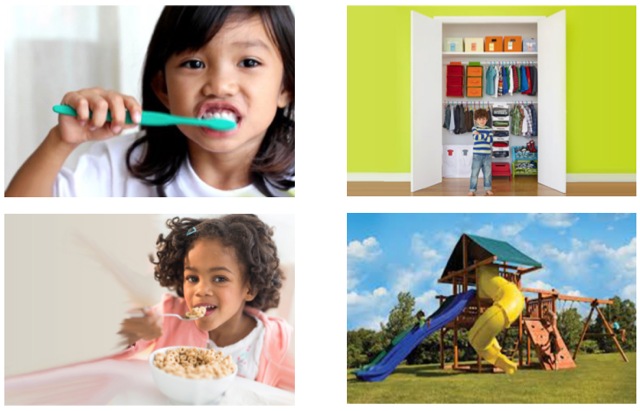 Collage of children - girl brushing teeth, playground, girl eating
