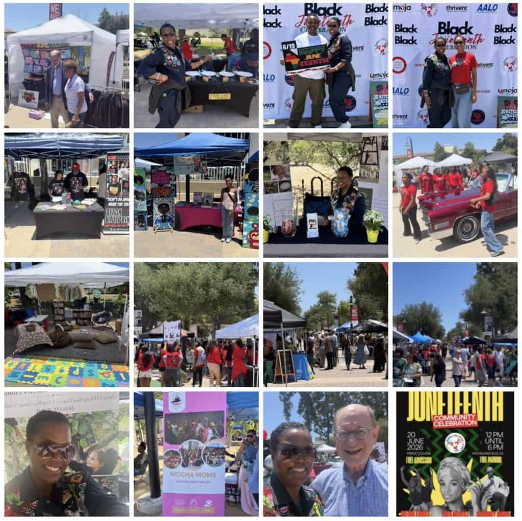 Community celebration at Loving Hands Children's Home during Juneteenth event with booths, attendees, and festive activities.
